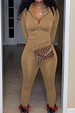 Orange Euramerican Women Trendy Solid Color Zipper Long Sleeve Tight Pants Sets MF5193-3
