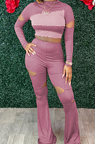 Pink Wholesal Spliced Long Sleeve Round Collar Crop Top Hollow Out High Waist Ruffle Flared Pants Two-Piece LM88805-2
