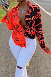 Cyan Women Graffiti Printing Turn-Down Collar Long Sleeve Cardigan Loose Shirts NK057-7