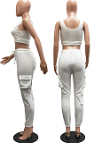White Sleeveless U Neck Tank With Pocket Drawsting Sweat Pants Solid Color Casual Yoga Sets H1651-6
