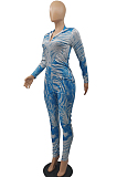 Green Fashion Printing Long Sleeve Stand Neck Zippet Collcet Waist Bodycon Jumpsuits MTY6570-2