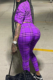Purple Plaid Printing Long Sleeve Lapel Neck Single-Breadsted Shirts Bodycon Pants Sets F88381-3