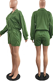 Green Autumn And Winter Pure Color Long Sleeve Lapel Collar Collcet Waist Elestic Drawsting Romper Shorts H1687-5