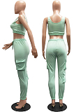 Blue Sleeveless U Neck Tank With Pocket Drawsting Sweat Pants Solid Color Casual Yoga Sets H1651-5