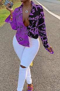 Purple Women Graffiti Printing Turn-Down Collar Long Sleeve Cardigan Loose Shirts NK057-5