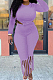 Light Purple Cotton Blend Long Sleeve O Collar Bodycon Top High Waist Wide Leg Pants Cute Tassel Sets MTY6563-1