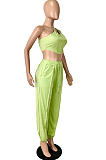 Fruit Green Summer Pure Color Spliced Oblique Shoulder Condole Belt Tank Loose Ankle Banded Pants Sets YNS1662-1