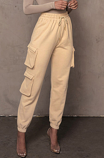 Cream White Casual Pure Color With Pocket Drawsting Ankle Banded Pants H1653-2