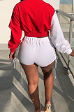 Red Fashion Eyelet Bandage Spliced Long Sleeve Round Neck Fleece Shorts Two-Piece H1682-1