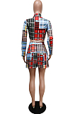 Colorful Plaid Printing Long Sleeve Stand Neck Zippet Crop Top Ruffle Peleated Skirts Casaul Sets F88383