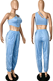 Lotus Summer Pure Color Spliced Oblique Shoulder Condole Belt Tank Loose Ankle Banded Pants Sets YNS1662-2