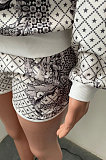 White Women Positioning Printing Casual Long Sleeve Round Collar Blouse Shorts Sets NK257-1