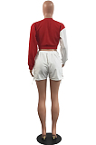 Red Fashion Eyelet Bandage Spliced Long Sleeve Round Neck Fleece Shorts Two-Piece H1682-1