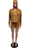 Camel Autumn And Winter Simple New Long Seeve Hoodie Zippet Sweater Shorts Solid Color Two-Piece F88386-2