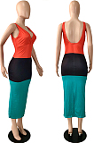 Red New Summer Contarst Color Spliced Sleeveless V Collar Backless Bodycon Midi Dress YNS16803-1