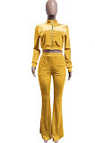 Yellow Women Korea Velvet  Long Sleeve Zipper Spliced Sport Pants Sets NK263-4