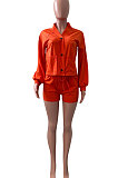 Khaki Women Roman Cloth Long Sleeve Solid Color Cardigan Sport Casual Shorts Sets NK259-4