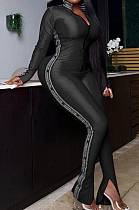 Black Fashion Pure Color Printing Long Sleeve Stand Collar Zippet Slim Fitting Bodycon Jumpsuits F88387-3