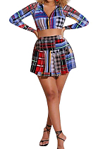 Colorful Plaid Printing Long Sleeve Stand Neck Zippet Crop Top Ruffle Peleated Skirts Casaul Sets F88383