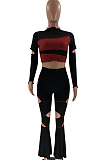 Black Wholesal Spliced Long Sleeve Round Collar Crop Top Hollow Out High Waist Ruffle Flared Pants Two-Piece LM88805-3