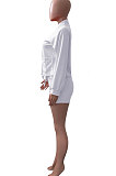 White Women Roman Cloth Long Sleeve Solid Color Cardigan Sport Casual Shorts Sets NK259-1