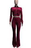 Wine Red Women Korea Velvet  Long Sleeve Zipper Spliced Sport Pants Sets NK263-10