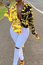 Yellow Women Graffiti Printing Turn-Down Collar Long Sleeve Cardigan Loose Shirts NK057-3