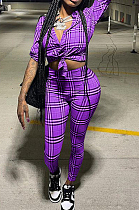 Purple Plaid Printing Long Sleeve Lapel Neck Single-Breadsted Shirts Bodycon Pants Sets F88381-3