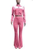 Pink Women Korea Velvet  Long Sleeve Zipper Spliced Sport Pants Sets NK263-3