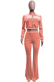 Orange Pink Women Korea Velvet  Long Sleeve Zipper Spliced Sport Pants Sets NK263-12
