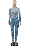 Green Fashion Printing Long Sleeve Stand Neck Zippet Collcet Waist Bodycon Jumpsuits MTY6570-2