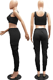 Black Sleeveless U Neck Tank With Pocket Drawsting Sweat Pants Solid Color Casual Yoga Sets H1651-1