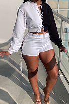 Black Fashion Eyelet Bandage Spliced Long Sleeve Round Neck Fleece Shorts Two-Piece H1682-3