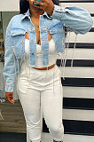 Light Blue Short Long Sleeve Turn-Down Collar Solid Color Chain Fashion Jeans Irregular Tops NZ997