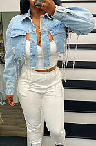 Light Blue Short Long Sleeve Turn-Down Collar Solid Color Chain Fashion Jeans Irregular Tops NZ997