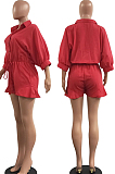 Red Casual Half Sleeve Lapel Collar Single-Breasted Elesticband Ruffle Solid Color Romper Shorts H1685-3