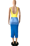 Yellow New Summer Contarst Color Spliced Sleeveless V Collar Backless Bodycon Midi Dress YNS16803-2