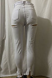 White Women Hole Pure Color Split Long Pants NZ919-1