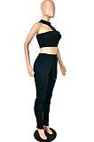 Black Cotton Blend Irregularity Sleeveless High Neck Tank Drawsting Ruffle Pants Solid Color Two-Piece YNS1663-1
