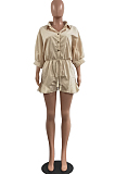 Cream White Casual Half Sleeve Lapel Collar Single-Breasted Elesticband Ruffle Solid Color Romper Shorts H1685-2