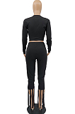 Black Cotton Blend Long Sleeve O Collar Bodycon Top High Waist Wide Leg Pants Cute Tassel Sets MTY6563-2