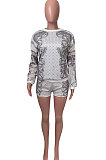 White Women Positioning Printing Casual Long Sleeve Round Collar Blouse Shorts Sets NK257-1