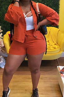 Orange Women Roman Cloth Long Sleeve Solid Color Cardigan Sport Casual Shorts Sets NK259-2
