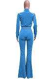 Light Blue Women Korea Velvet  Long Sleeve Zipper Spliced Sport Pants Sets NK263-1