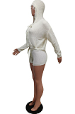 White Autumn And Winter Simple New Long Seeve Hoodie Zippet Sweater Shorts Solid Color Two-Piece F88386-1