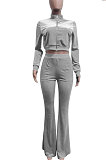 Gray Women Korea Velvet  Long Sleeve Zipper Spliced Sport Pants Sets NK263-6