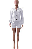 Khaki Women Roman Cloth Long Sleeve Solid Color Cardigan Sport Casual Shorts Sets NK259-4