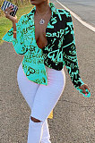 Green Women Graffiti Printing Turn-Down Collar Long Sleeve Cardigan Loose Shirts NK057-6