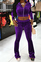 Purple Women Korea Velvet  Long Sleeve Zipper Spliced Sport Pants Sets NK263-5