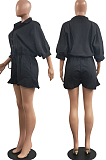 Black Casual Half Sleeve Lapel Collar Single-Breasted Elesticband Ruffle Solid Color Romper Shorts H1685-4